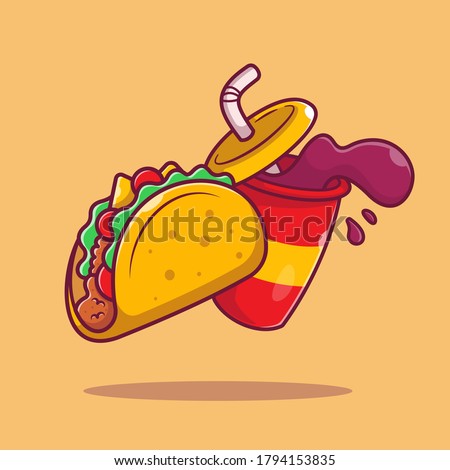 Taco With Soda Cartoon Vector Icon Illustration. Mexico Food Icon Concept Isolated Premium Vector. Flat Cartoon Style