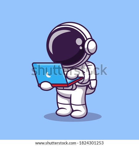 Cute Astronaut Working On Laptop Cartoon Vector Icon Illustration. Science Technology Icon Concept Isolated Premium Vector. Flat Cartoon Style