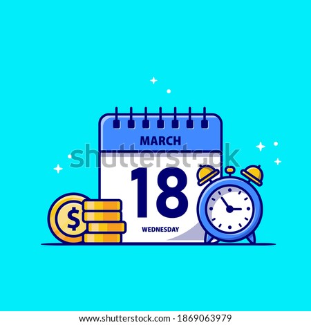 Calendar, Gold Coin And Clock Cartoon Vector Icon Illustration. Business Finance Icon Concept Isolated Premium Vector. Flat Cartoon Style
