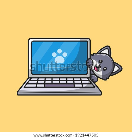Cute Cat Hiding Behind The Laptop Cartoon Vector Icon Illustration. Animal Technology Icon Concept Isolated Premium Vector. Flat Cartoon Style.