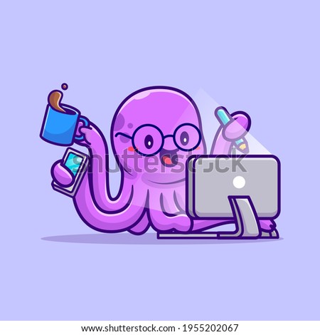 Cute Octopus Multitasking Cartoon Vector Icon Illustration. Animal Technology Icon Concept Isolated Premium Vector. Flat Cartoon Style