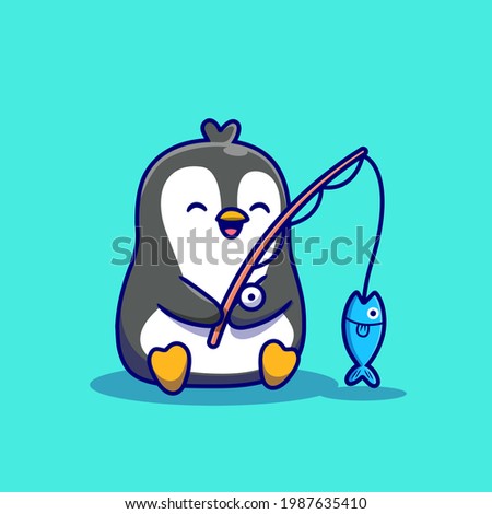 Cute Penguin Fishing Cartoon Vector Icon Illustration. Animal Nature Icon Concept Isolated Premium Vector. Flat Cartoon Style