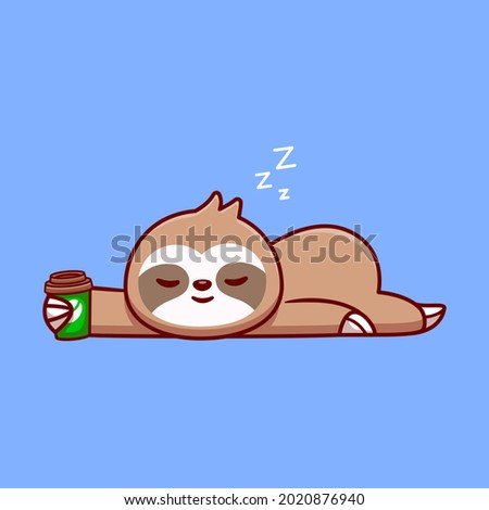 Cute Sloth Sleeping With Coffee Cup Cartoon Vector Icon Illustration. Animal Drink Icon Concept Isolated Premium Vector. Flat Cartoon Style