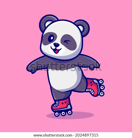Cute Panda Plying Roller Skate Cartoon Vector Icon Illustration. Animal Sport Icon Concept Isolated Premium Vector. Flat Cartoon Style