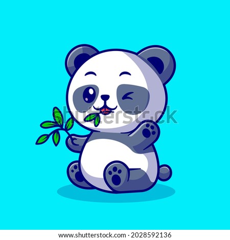 Cute Panda Eat Bamboo Leaf Cartoon Vector Icon Illustration. Animal Nature Icon Concept Isolated Premium Vector. Flat Cartoon Style  