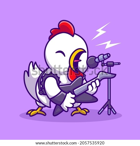 Cute Chicken Rocker Sing With Guitar Cartoon Vector Icon Illustration. Animal Music Icon Concept Isolated Premium Vector. Flat Cartoon Style