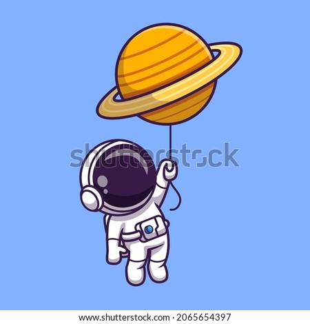 Cute Astronaut Floating With Planet Balloon In Space Cartoon Vector Icon Illustration. Technology Science Icon Concept Isolated Premium Vector. Flat Cartoon Style