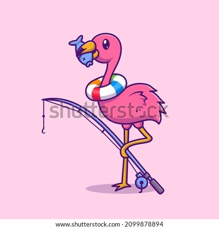 Cute Flamingo Eating Fish Cartoon Vector Icon Illustration. Animal Nature Icon Concept Isolated Premium Vector. Flat Cartoon Style