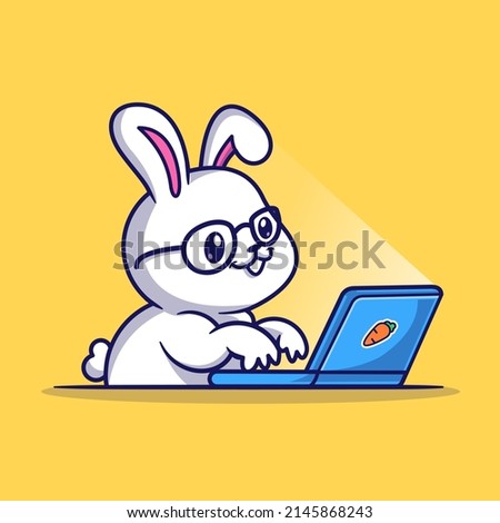 Cute Rabbit Working On Laptop Cartoon Vector Icon Illustration. Animal Technology Icon Concept Isolated Premium Vector. Flat Cartoon Style