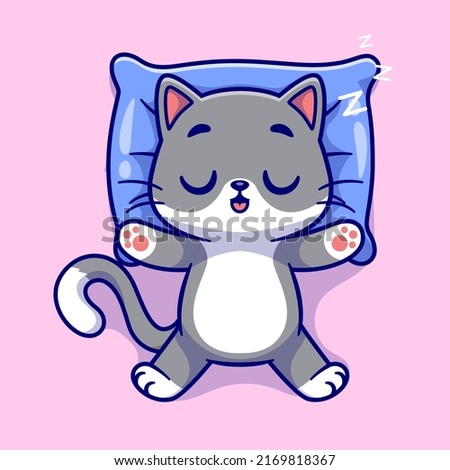 Cute Cat Sleeping On Pillow Cartoon Vector Icon Illustration. Animal Nature Icon Concept Isolated Premium Vector. Flat Cartoon Style