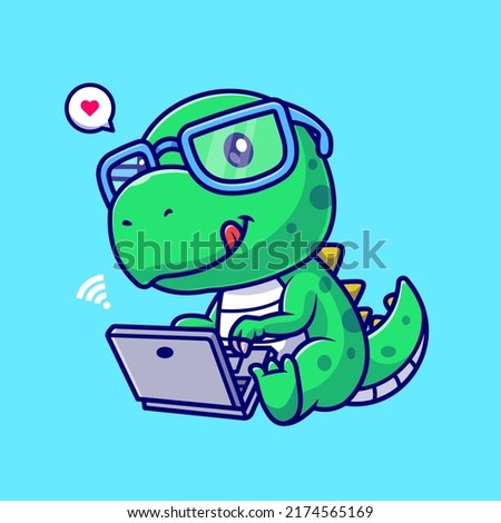 Cute Dino Working On Laptop Cartoon Vector Icon Illustration. Animal Technology Icon Concept Isolated Premium Vector. Flat Cartoon Style