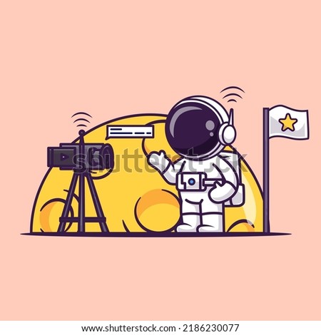 Cute Astronaut Vlogging On Moon Cartoon Vector Icon Illustration. Science Technology Icon Concept Isolated Premium Vector. Flat Cartoon Style