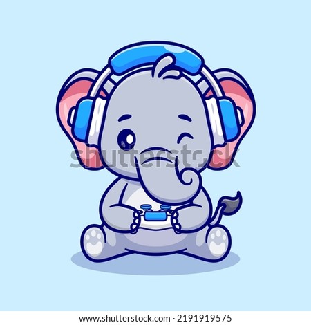 Cute Elephant Playing Game With Headphone Cartoon Vector Icon Illustration. Animal Technology Icon Concept Isolated Premium Vector. Flat Cartoon Style