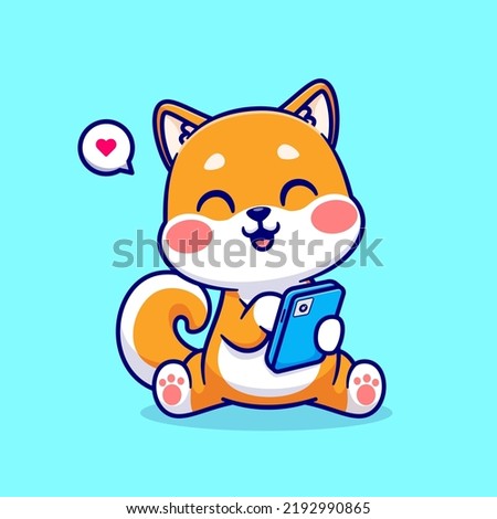 Cute Shiba Inu Dog Playing Phone Cartoon Vector Icon Illustration. Animal Technology Icon Concept Isolated Premium Vector. Flat Cartoon Style