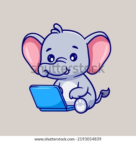 Cute Elephant Working On Laptop Cartoon Vector Icon Illustration. Animal Technology Icon Concept Isolated Premium Vector. Flat Cartoon Style