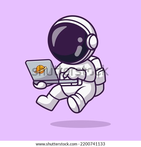 Cute Astronaut Working On Laptop In Space Cartoon Vector Icon Illustration. Science Technology Icon Concept Isolated Premium Vector. Flat Cartoon Style