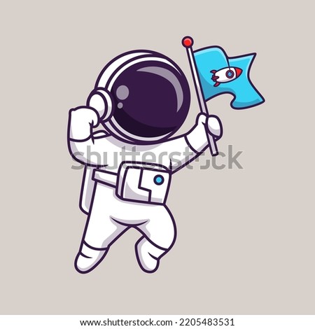 Cute Astronaut Flying With Rocket Flag Cartoon Vector Icon Illustration Science Technology Icon Concept Isolated Premium Vector. Flat Cartoon Style
