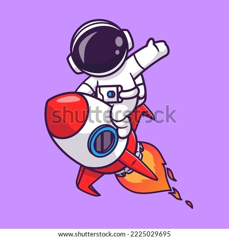Cute Astronaut Riding Rocket In Space And Waving Hand Cartoon Vector Icon Illustration. Science Technology Icon Concept Isolated Premium Vector. Flat Cartoon Style