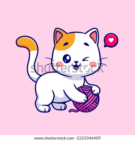 Cute Cat Playing Yarn Ball Cartoon Vector Icon Illustration. Animal Nature Icon Concept Isolated Premium Vector. Flat Cartoon Style