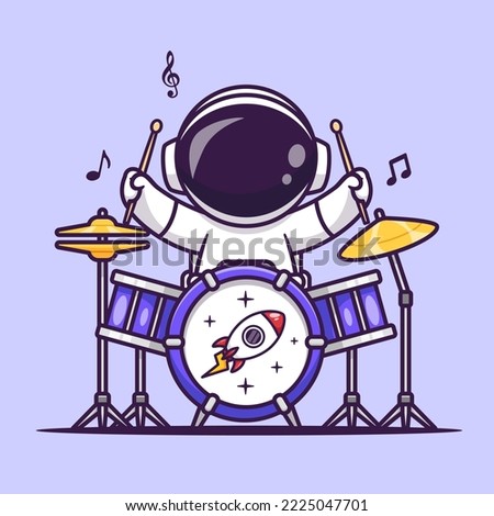 Cute Astronaut Playing Drum Music Cartoon Vector Icon Illustration. Science Music Icon Concept Isolated Premium Vector. Flat Cartoon Style