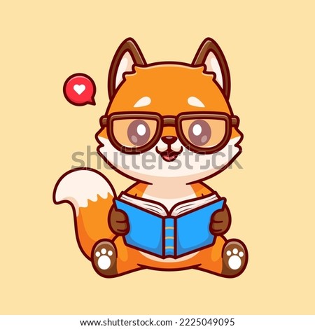 Cute Fox Reading Book With Glasses Cartoon Vector Icon Illustration. Animal Education Icon Concept Isolated Premium Vector. Flat Cartoon Style
