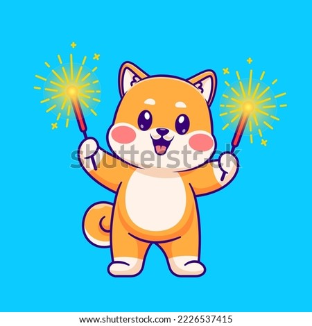 Cute Shiba Inu Dog Playing Fireworks Cartoon Vector Icon Illustration. Animal Holiday Icon Concept Isolated Premium Vector. Flat Cartoon Style