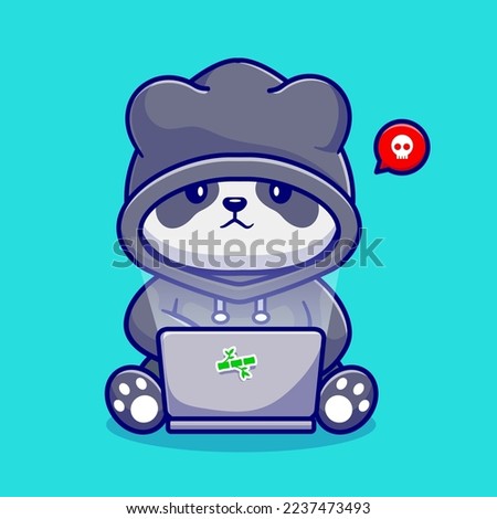 Cute Panda Hacker Operating Laptop Cartoon Vector Icon Illustration. Animal Technology Icon Concept Isolated Premium Vector. Flat Cartoon Style