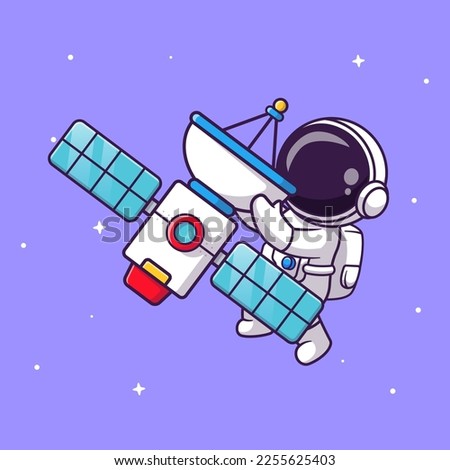 Cute Astronaut Floating with Satellite In Space Cartoon Vector Icon Illustration. Science Technology Icon Concept Isolated Premium Vector. Flat Cartoon Style