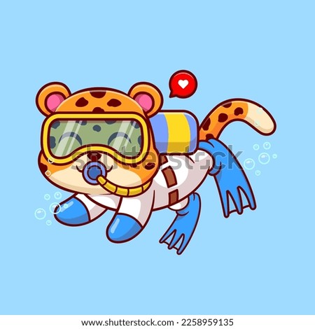 Cute Tiger Snorkeling Cartoon Vector Icon Illustration. Animal Nature Icon Concept Isolated Premium Vector. Flat Cartoon Style