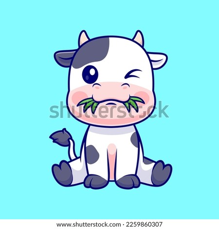 Cute Cow Bite Grass Cartoon Vector Icon Illustration. Animal Nature Icon Concept Isolated Premium Vector. Flat Cartoon Style