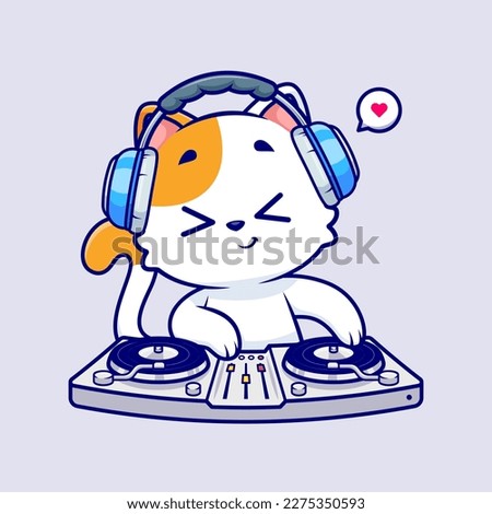 Cute Cat Playing Dj Electronic Music With Headphone Cartoon Vector Icon Illustration. Animal Music Icon Concept Isolated Premium Vector. Flat Cartoon Style