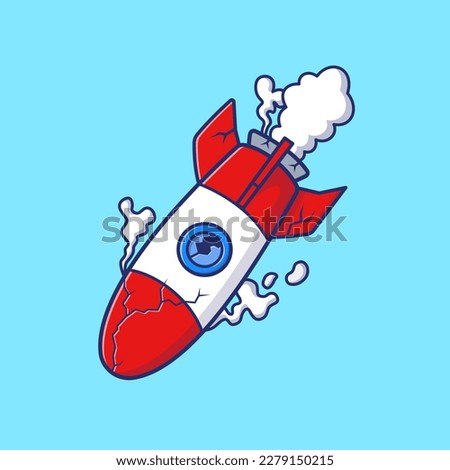 Damaged Rocket Crashed Cartoon Vector Icon Illustration. Science Technology Icon Concept Isolated Premium Vector. Flat Cartoon Style