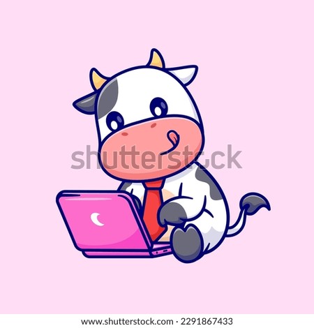 Cute Cow Working On Laptop Cartoon Vector Icon Illustration. Animal Technology Icon Concept Isolated Premium Vector. Flat Cartoon Style