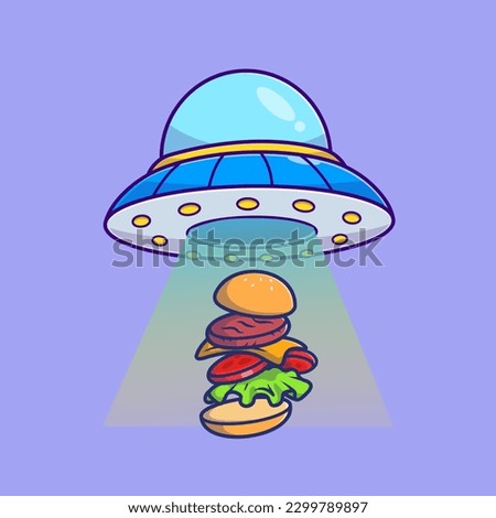 Ufo Catching Burger Cartoon Vector Icon Illustration. Food Science Food Icon Concept Isolated Premium Vector. Flat Cartoon Style