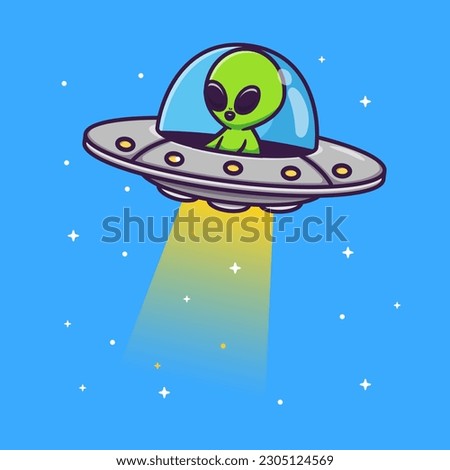 Cute Alien Riding Ufo In Space Cartoon Vector Icon Illustration. Science Technology Icon Concept Isolated Premium Vector. Flat Cartoon Style