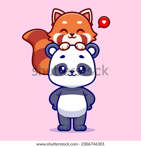 Cute Panda Playing With Red Panda Cartoon Vector Icon Illustration. Animal Nature Icon Concept Isolated Premium Vector. Flat Cartoon Style