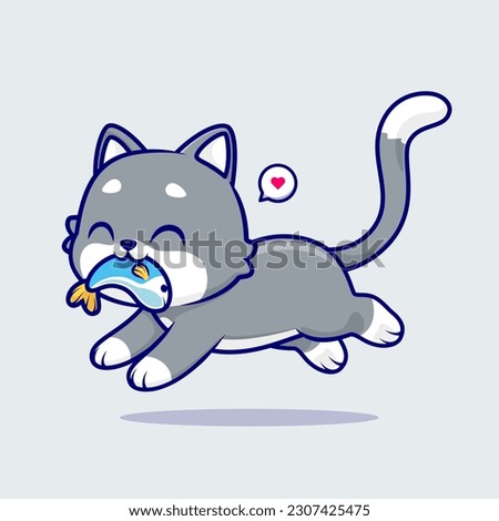 Cute Cat Eating Fish Cartoon Vector Icon Illustration. Animal Food Icon Concept Isolated Premium Vector. Flat Cartoon Style