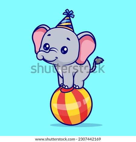 Cute Elephant Playing On Ball Circus With Birthday Hat Cartoon Vector Icon Illustration. Animal Holiday Icon Concept Isolated Premium Vector. Flat Cartoon Style