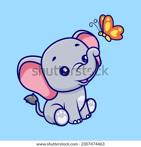 Cute Elephant Playing With Butterfly Cartoon Vector Icon Illustration. Animal Nature Icon Concept Isolated Premium Vector. Flat Cartoon Style