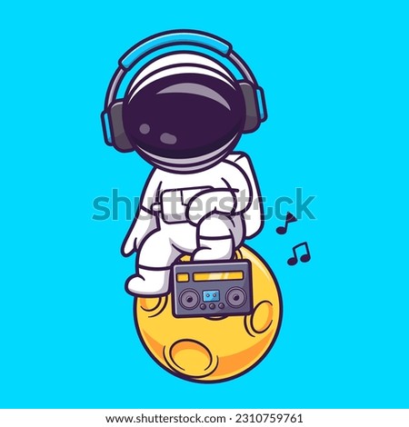 Cute Astronaut Listening Music With Boombox On Moon Cartoon Vector Icon Illustration. Science Music Icon Concept Isolated Premium Vector. Flat Cartoon Style