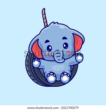 Cute Elephant Playing Tire Swing Cartoon Vector Icon Illustration. Animal Holiday Icon Concept Isolated Premium Vector. Flat Cartoon Style