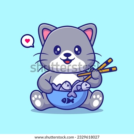 Cute Cat Eating Fish with Chopsticks Cartoon Vector Icon Illustration. Animal Nature Icon Concept Isolated Premium Vector. Flat Cartoon Style