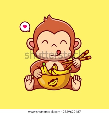 Cute Monkey Eating Banana with Chopsticks Cartoon Vector Icon Illustration. Animal Food Icon Concept Isolated Premium Vector. Flat Cartoon Style