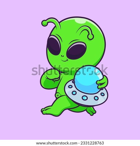 Cute Alien Running And Holding Ufo Cartoon Vector Icon Illustration. Science Technology Icon Concept Isolated Premium Vector. Flat Cartoon Style