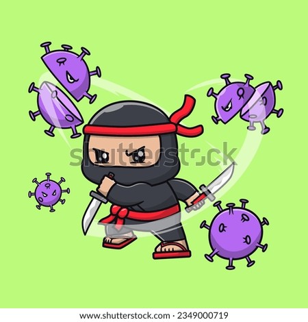 Cute Ninja Slash Virus With Knife Cartoon Vector Icon Illustration. People Holiday Icon Concept Isolated Premium Vector. Flat Cartoon Style