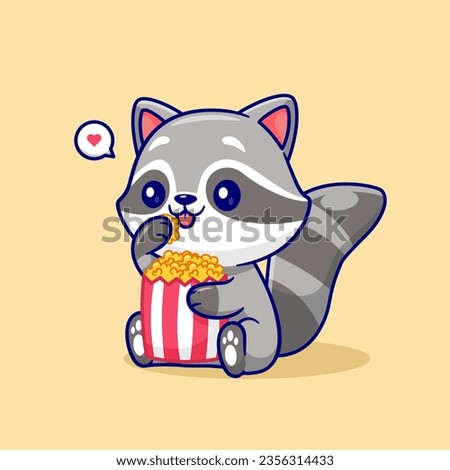 Cute Raccoon Eating Popcorn Cartoon Vector Icon Illustration. Animal Food Icon Concept Isolated Premium Vector. Flat Cartoon Style