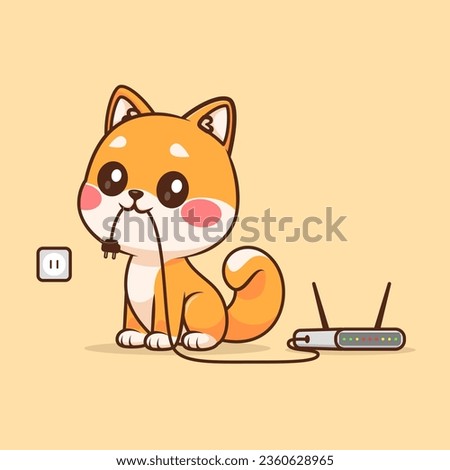 Cute Shiba Inu Dog Unplug Router Wifi Cartoon Vector Icon Illustration. Animal Technology Icon Concept Isolated Premium Vector. Flat Cartoon Style