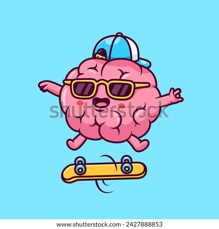 Cute Cool Brain Playing Skateboard Cartoon Vector Icon Illustration. Science Sport Icon Concept Isolated Premium Vector. Flat Cartoon Style