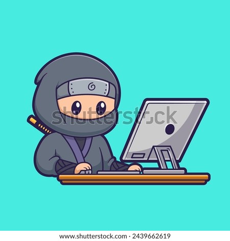 Cute Ninja Working On Computer Cartoon Vector Icon Illustration. People Technology Icon Concept Isolated Premium Vector. Flat Cartoon Style