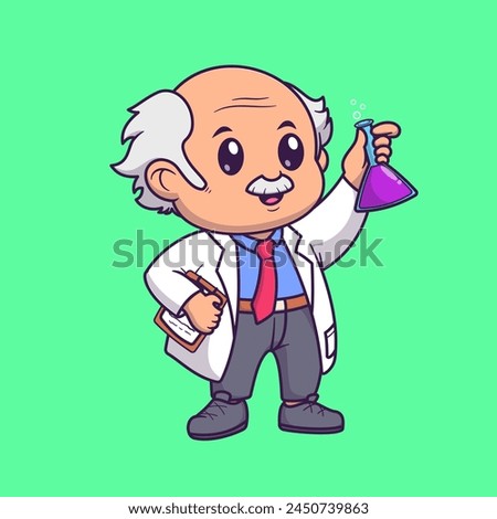 Cute Man Scientist Holding Chemical Liquid Tube Cartoon Vector Icon Illustration. Science Technology Icon Concept Isolated Premium Vector. Flat Cartoon Style